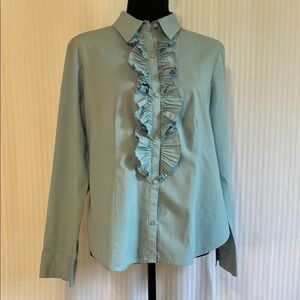 Talbots Haberdashery Blouse Long Sleeve Ruffled Preppy Blue Green Size 10P